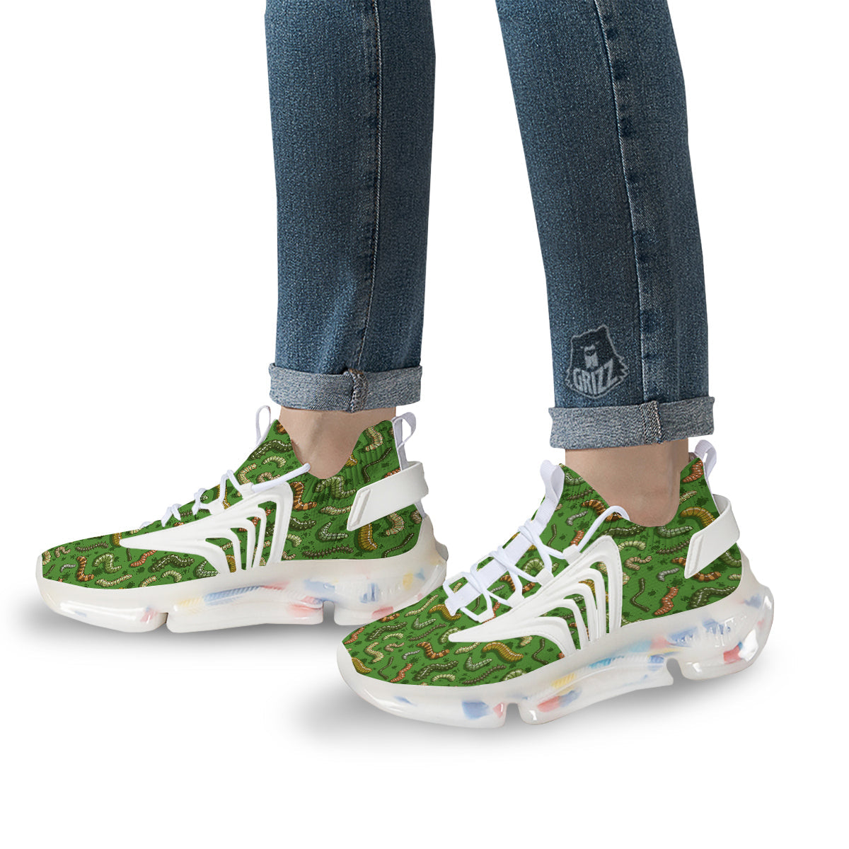Worm Insect Green Print Pattern White Gym Shoes-grizzshop