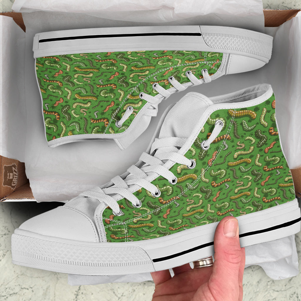 Worm Insect Green Print Pattern White High Top Shoes-grizzshop