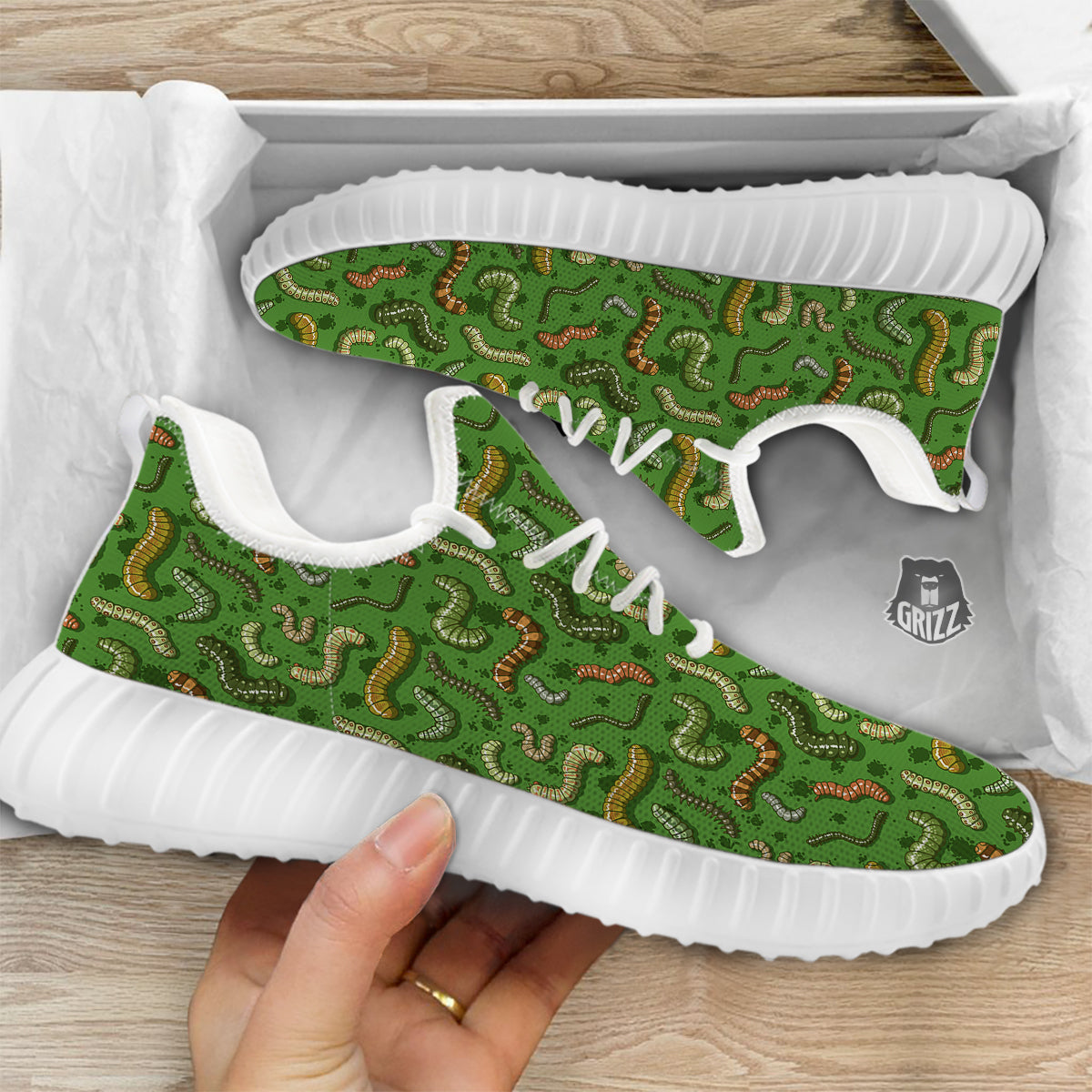 Worm Insect Green Print Pattern White Walking Shoes-grizzshop