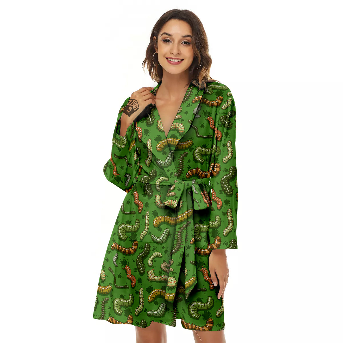 Worm Insect Green Print Pattern Women's Robe-grizzshop