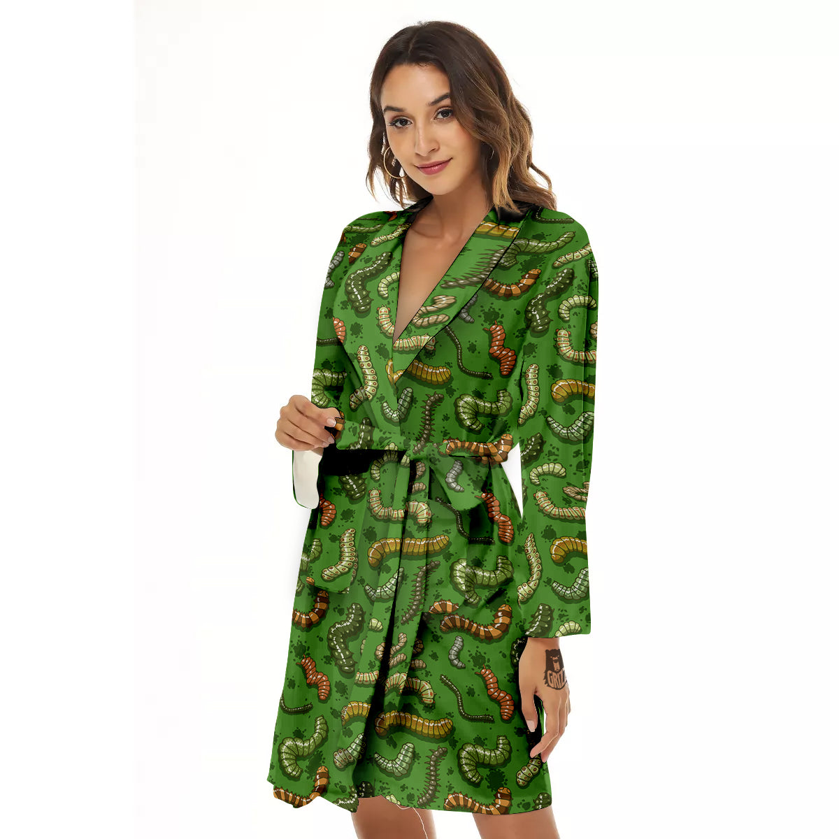 Worm Insect Green Print Pattern Women's Robe-grizzshop