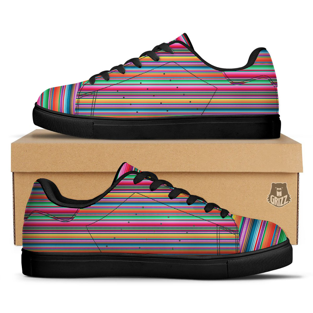 Woven Ethnic Mexican Print Pattern Black Low Top Sneakers-grizzshop