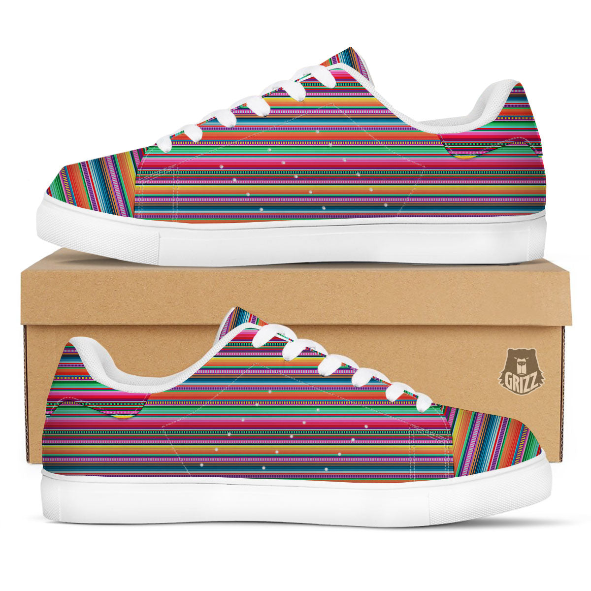 Woven Ethnic Mexican Print Pattern White Low Top Sneakers-grizzshop