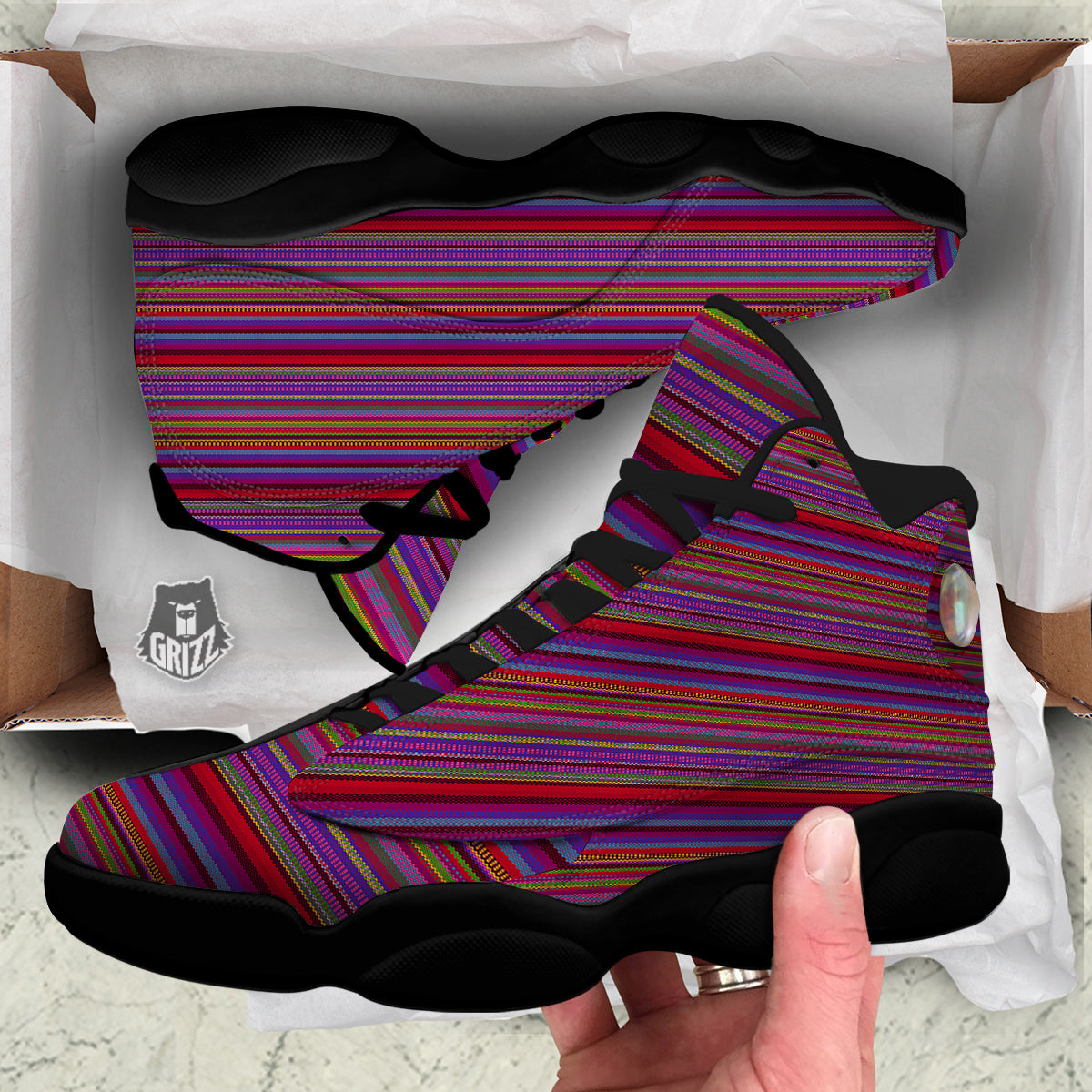 Woven Mexican Colorful Print Pattern Black Basketball Shoes-grizzshop