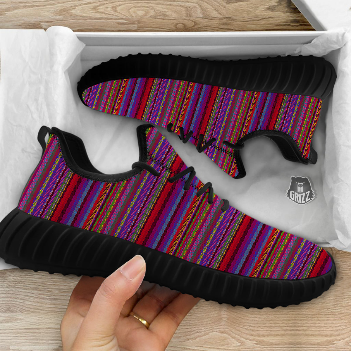 Woven Mexican Colorful Print Pattern Black Walking Shoes-grizzshop