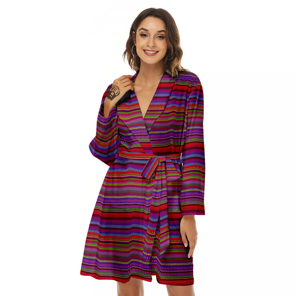 Woven Mexican Colorful Print Pattern Women's Robe-grizzshop