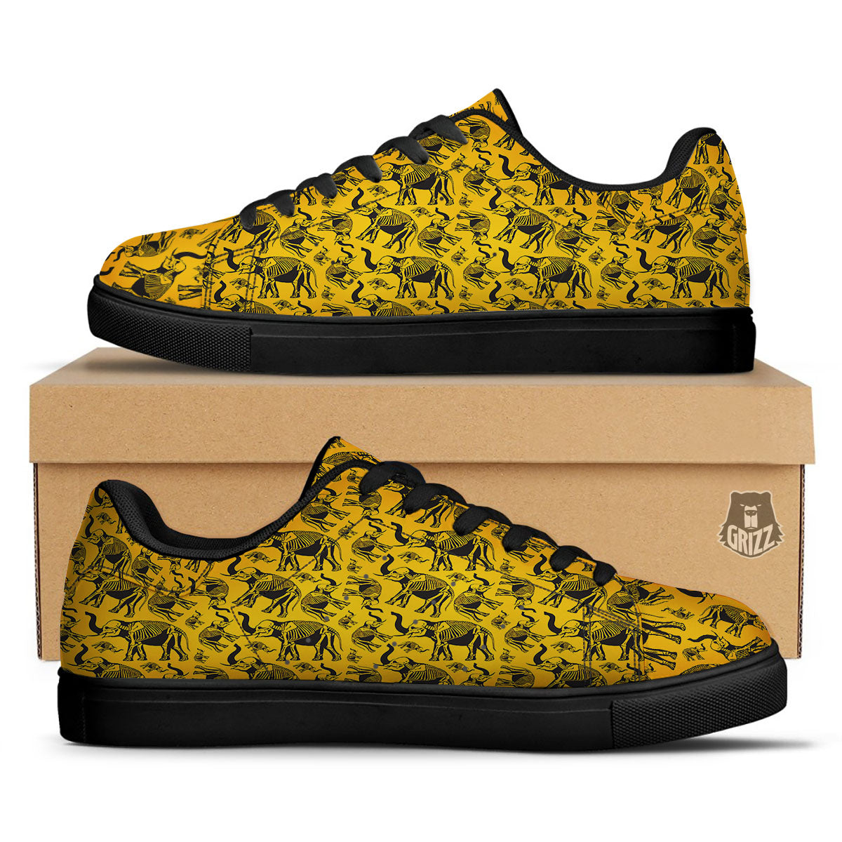 X-Ray Elephant Skeleton Print Pattern Black Low Top Sneakers-grizzshop