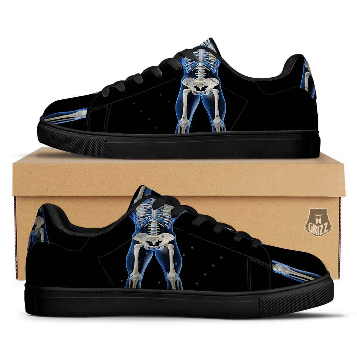 X-Ray Human Skeleton Print Black Low Top Sneakers-grizzshop