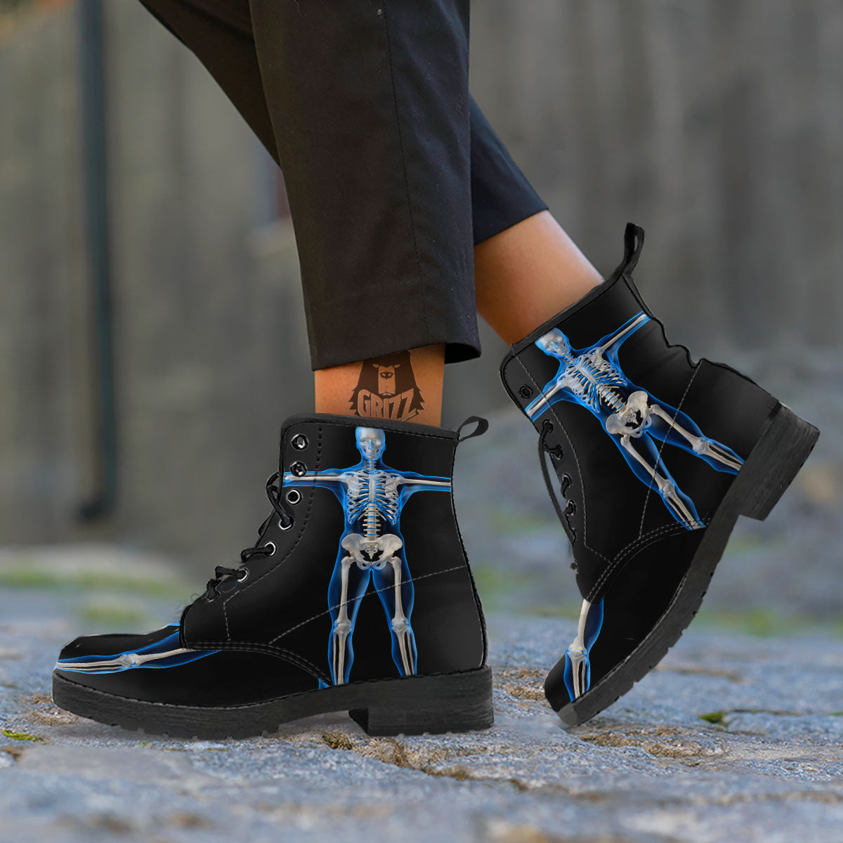 X-Ray Human Skeleton Print Leather Boots-grizzshop