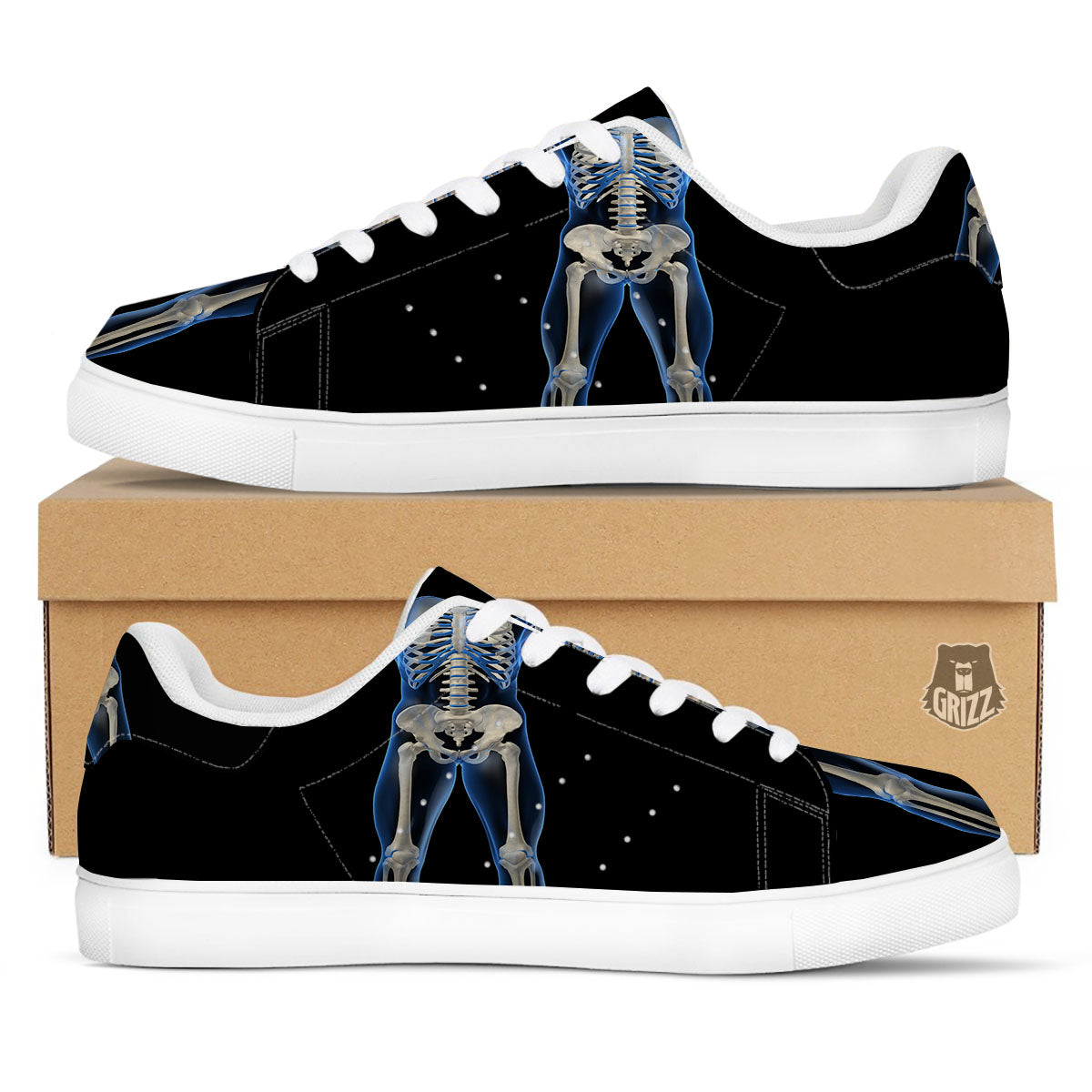 X-Ray Human Skeleton Print White Low Top Sneakers-grizzshop