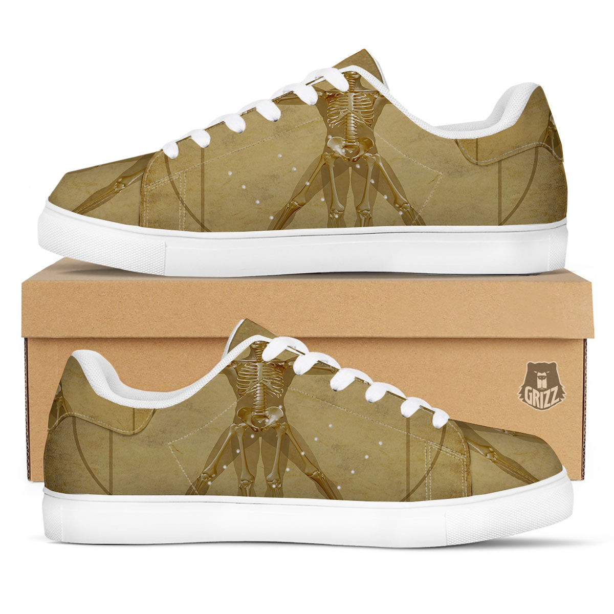 X-Ray Vitruvian Man Print White Low Top Sneakers-grizzshop