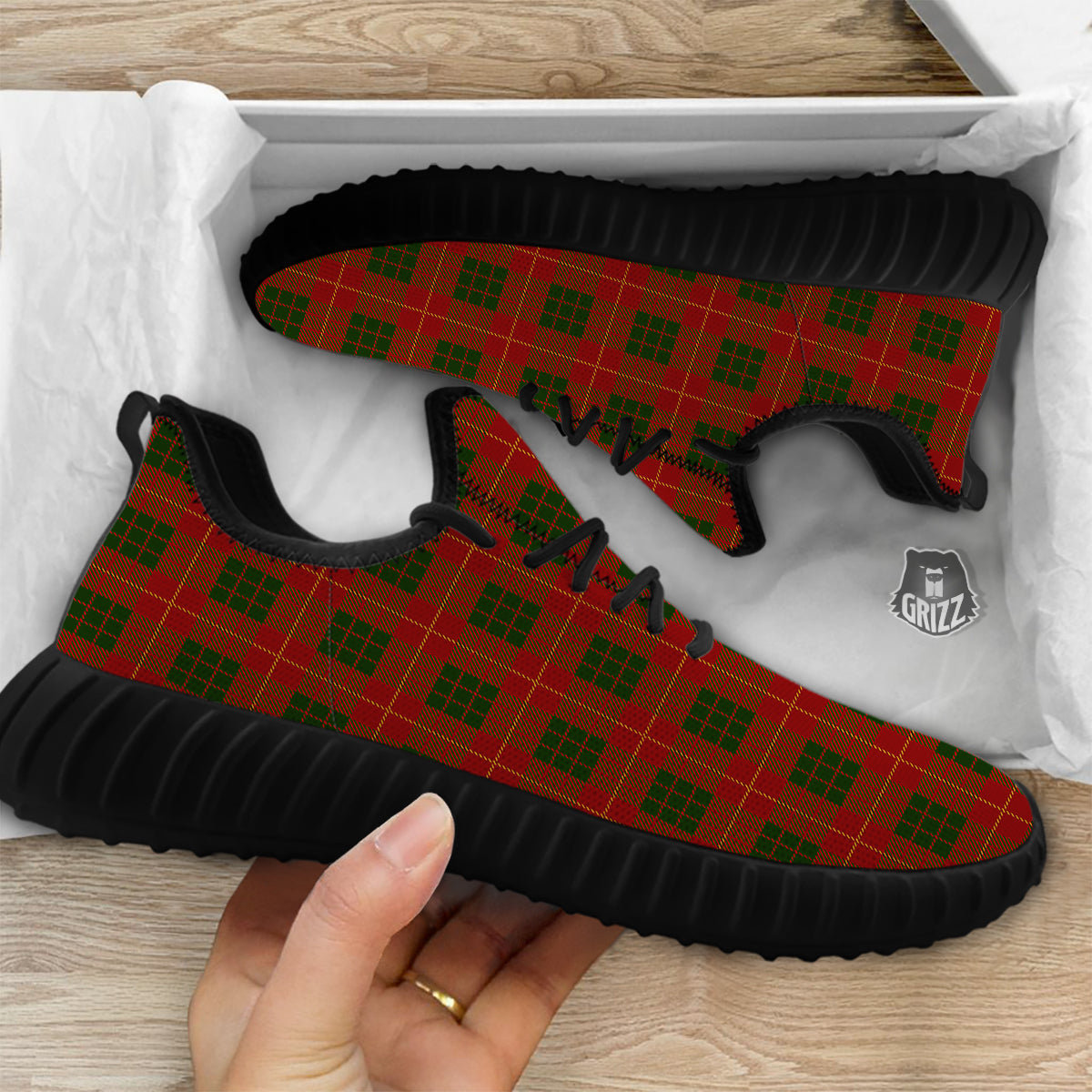 Xmas Plaid Print Pattern Black Walking Shoes-grizzshop