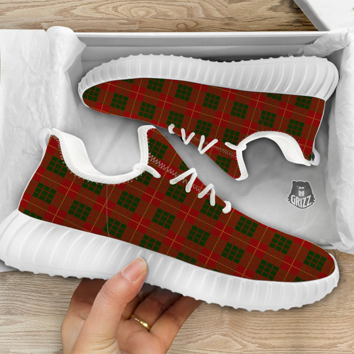 Xmas Plaid Print Pattern White Walking Shoes-grizzshop