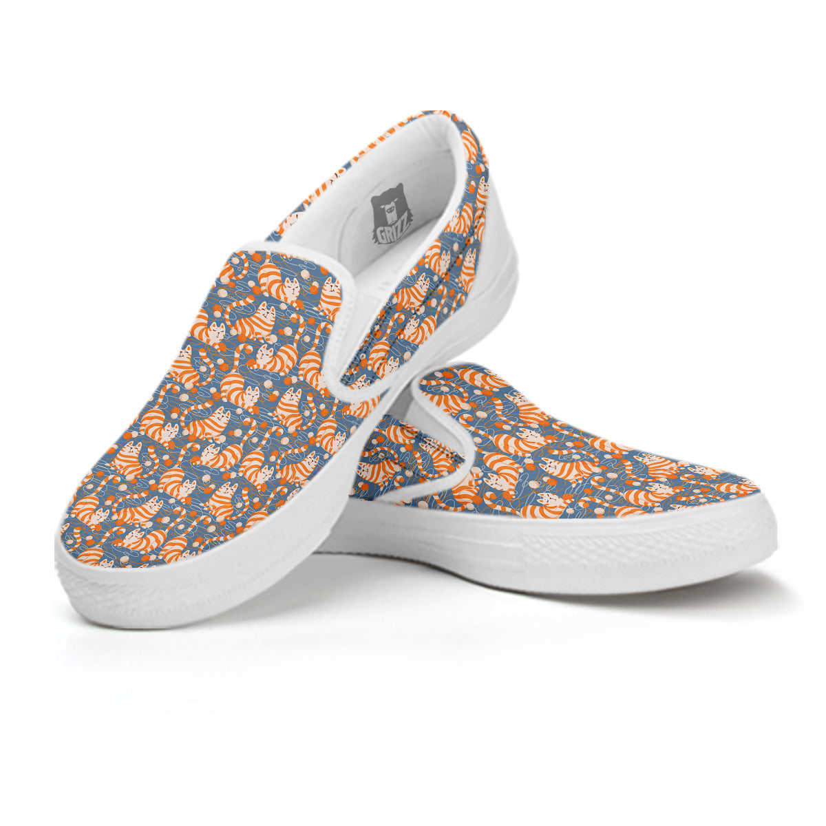 Yarn Ball And Cat Print Pattern White Slip On Shoes-grizzshop