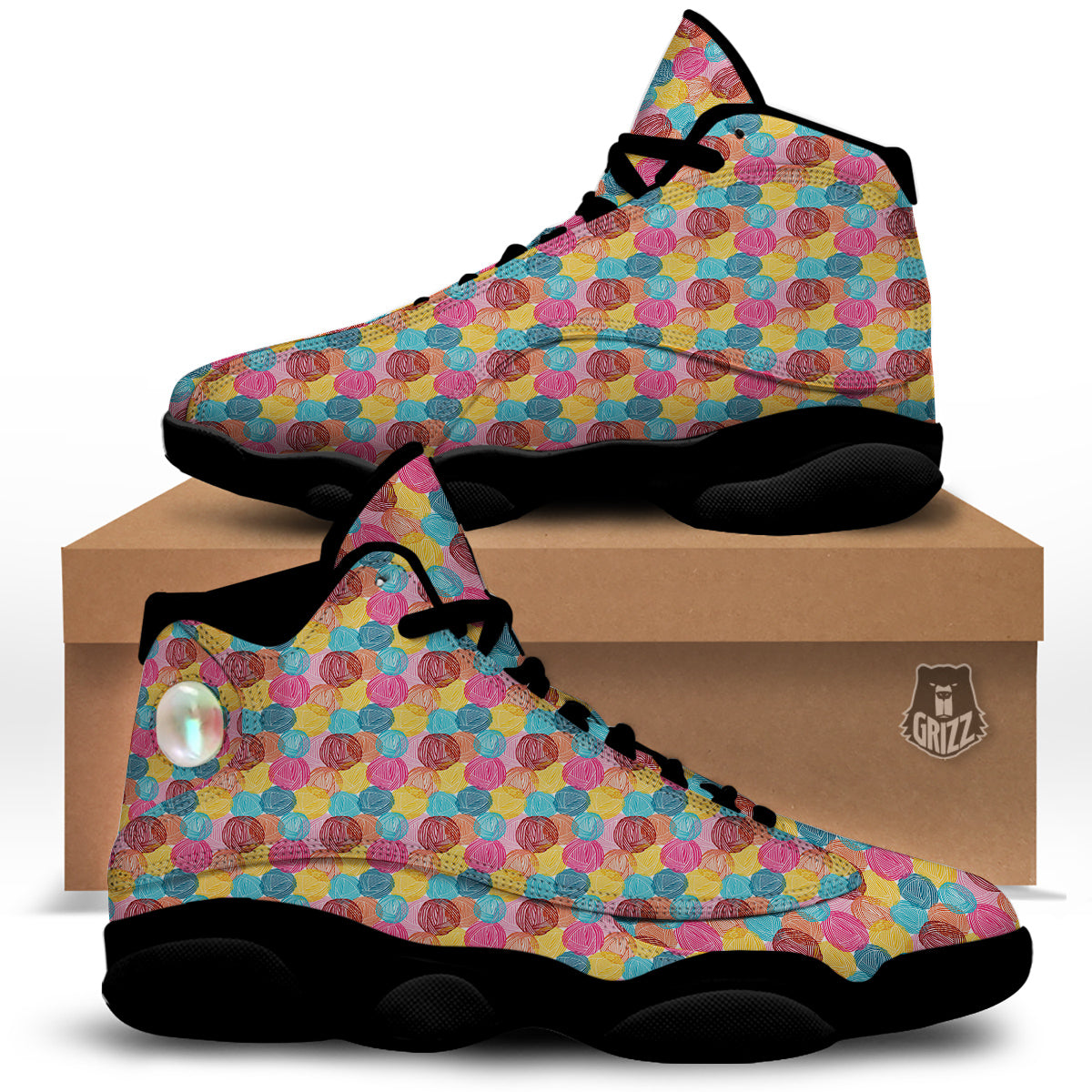 Yarn Balls Colorful Print Black Basketball Shoes-grizzshop