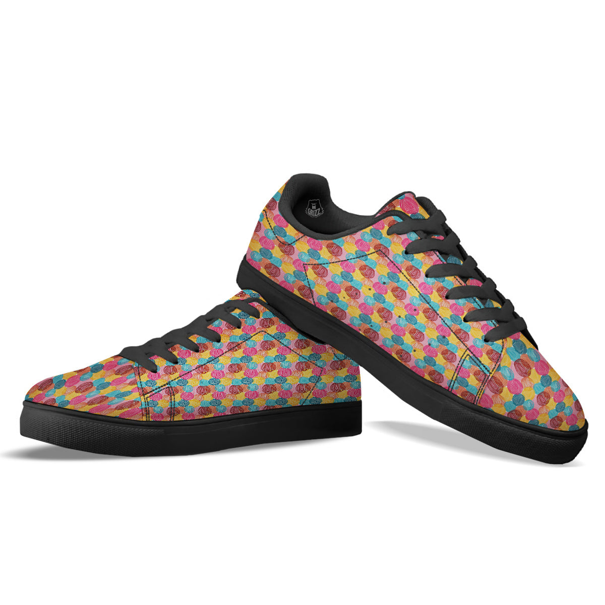 Yarn Balls Colorful Print Black Low Top Sneakers Grizzshopping