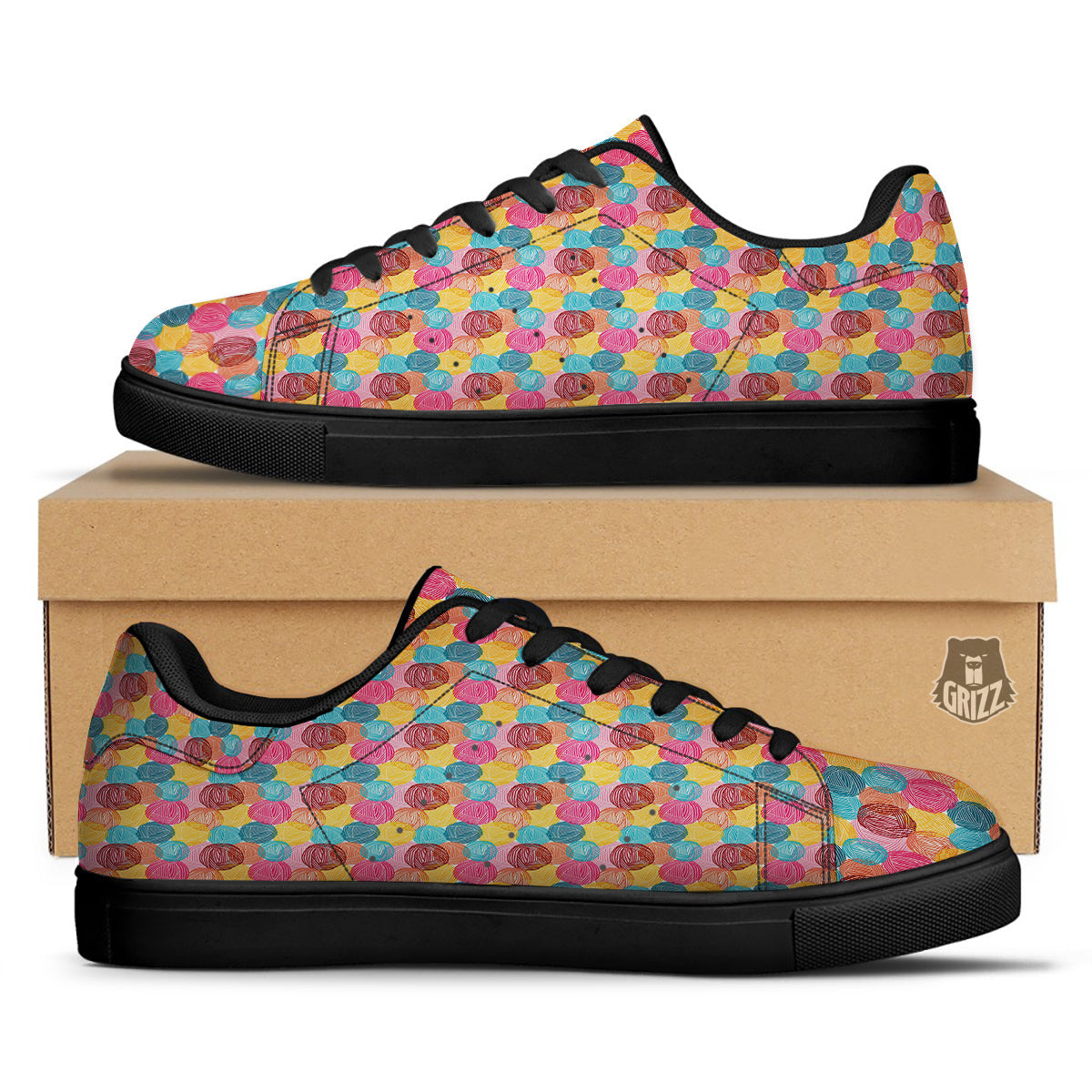 Yarn Balls Colorful Print Black Low Top Sneakers-grizzshop