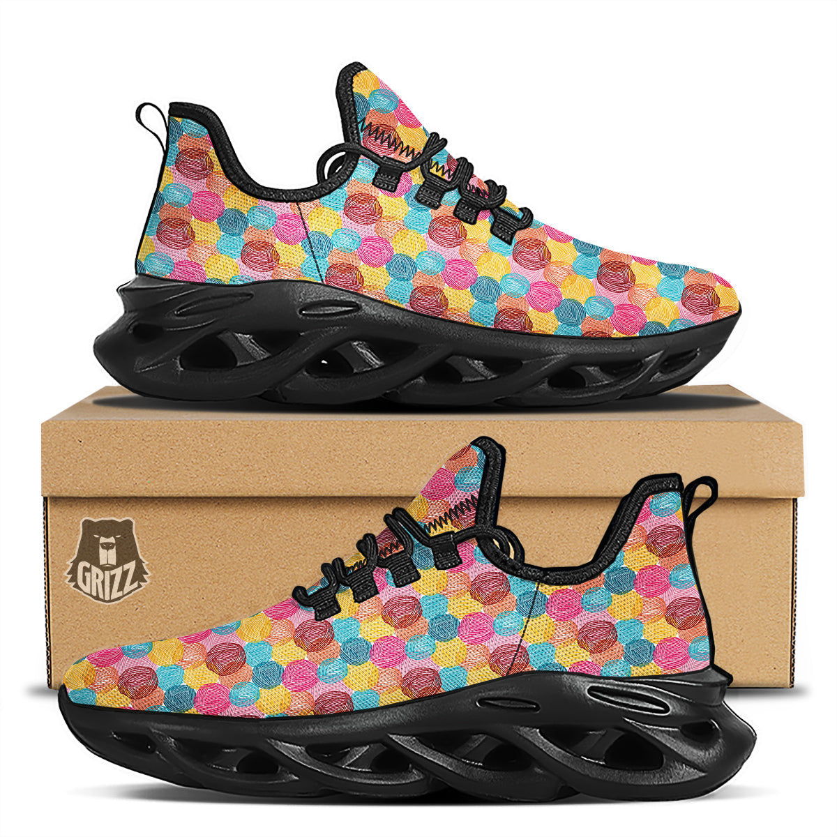 Yarn Balls Colorful Print Black Running Shoes-grizzshop