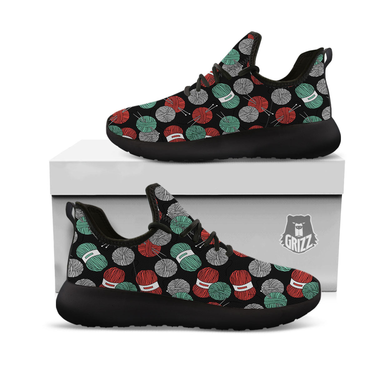 Yarn Knitting Print Pattern Black Athletic Shoes-grizzshop