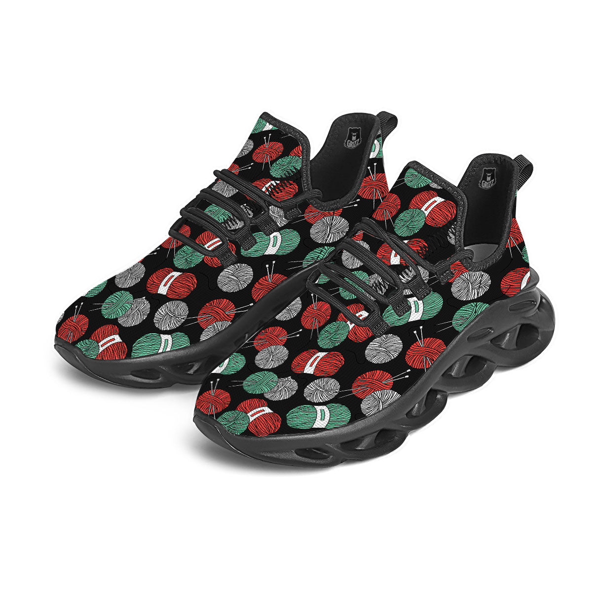 Yarn Knitting Print Pattern Black Running Shoes-grizzshop