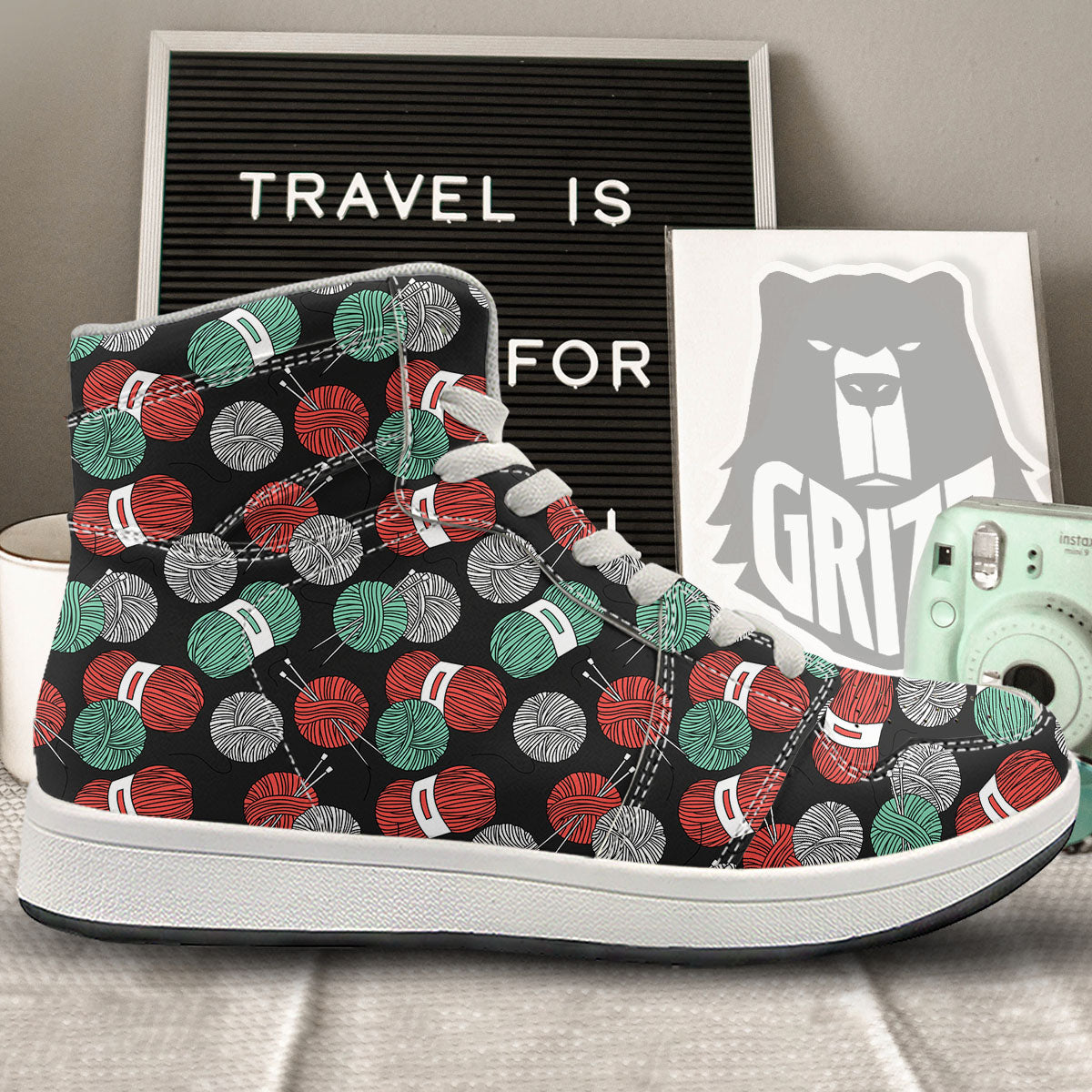 Yarn Knitting Print Pattern High Top Sneakers-grizzshop