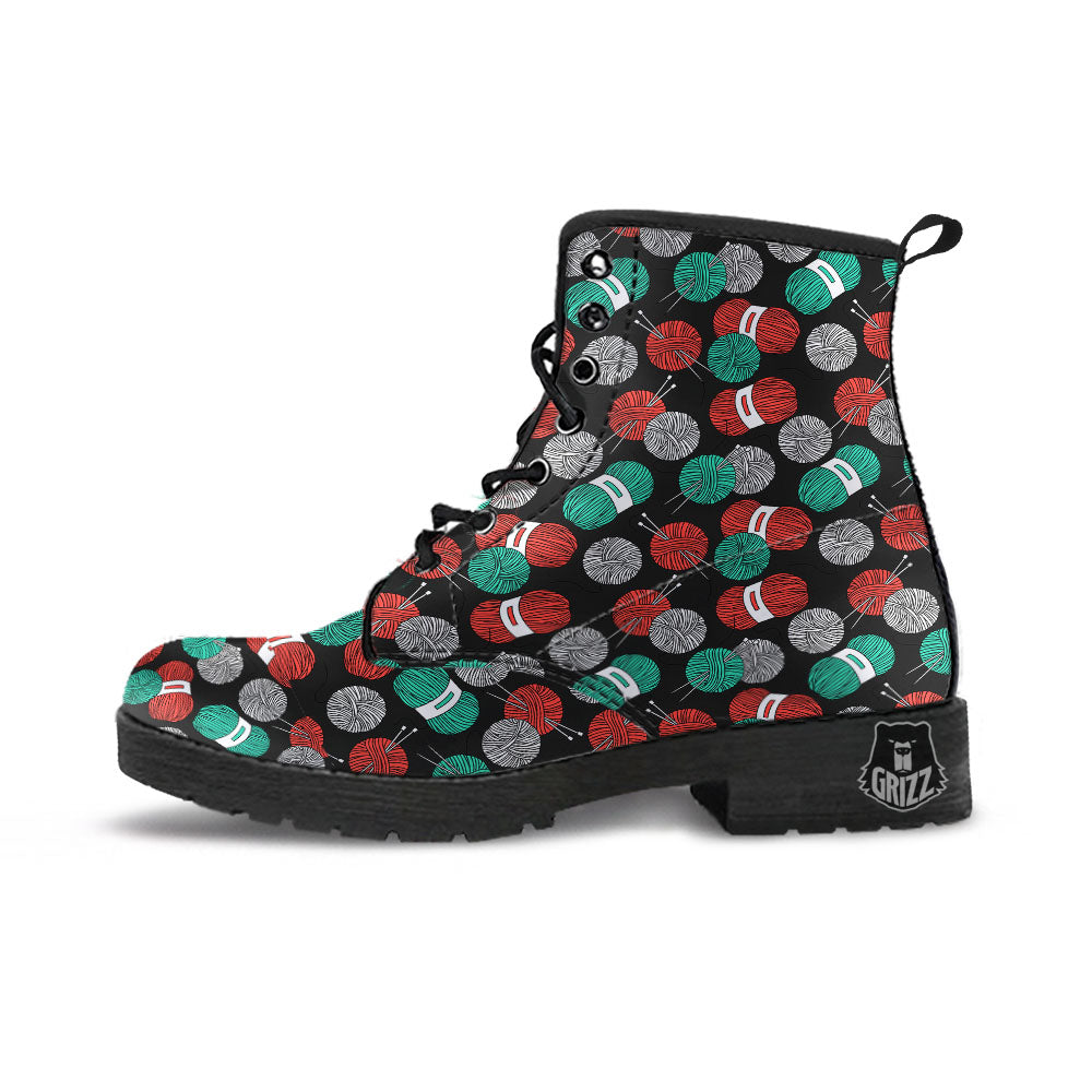 Yarn Knitting Print Pattern Leather Boots-grizzshop