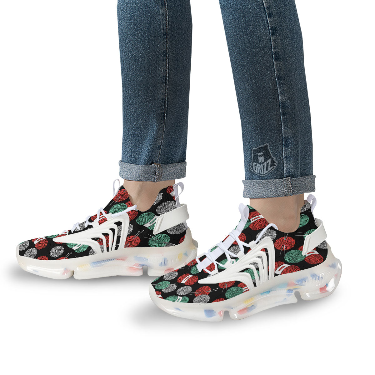 Yarn Knitting Print Pattern White Gym Shoes-grizzshop