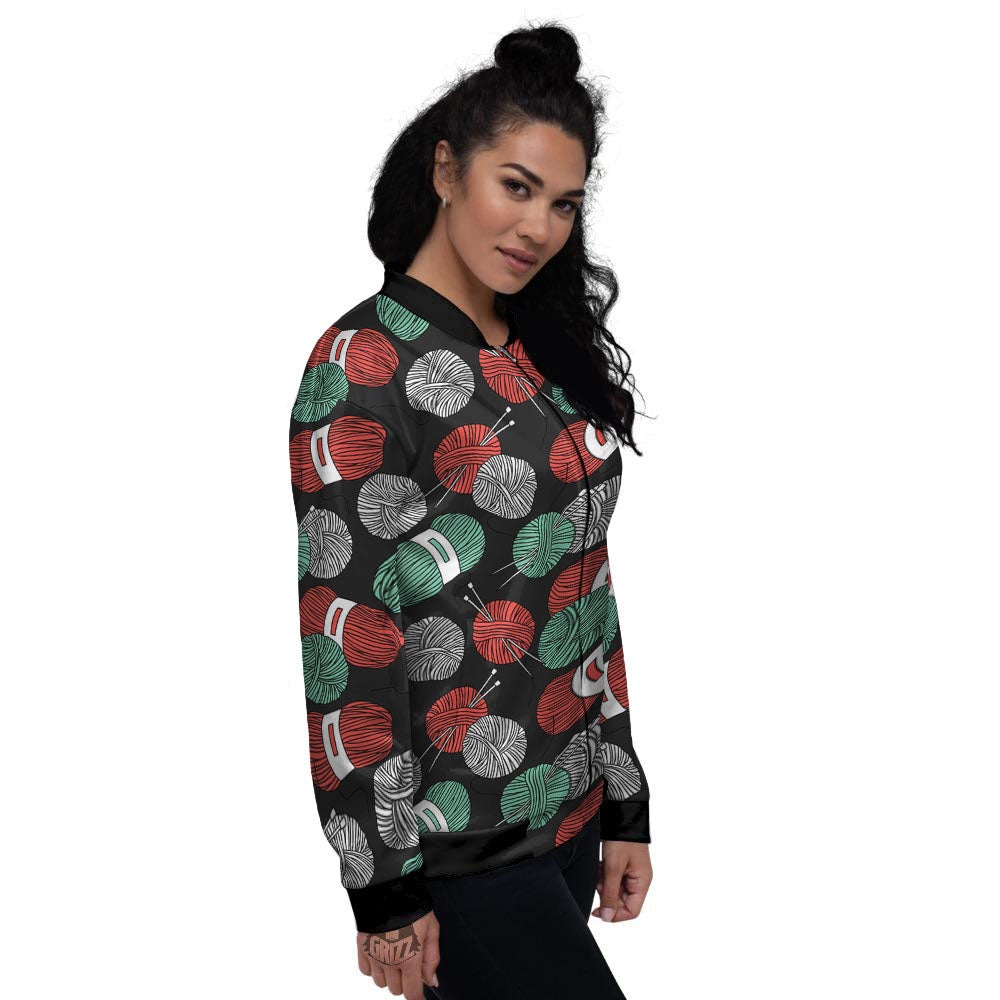 Yarn Knitting Print Pattern Women's Bomber Jacket-grizzshop