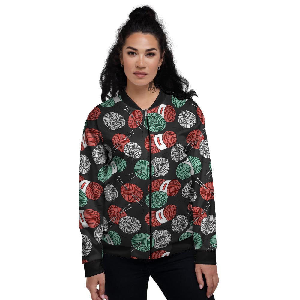 Yarn Knitting Print Pattern Women's Bomber Jacket-grizzshop