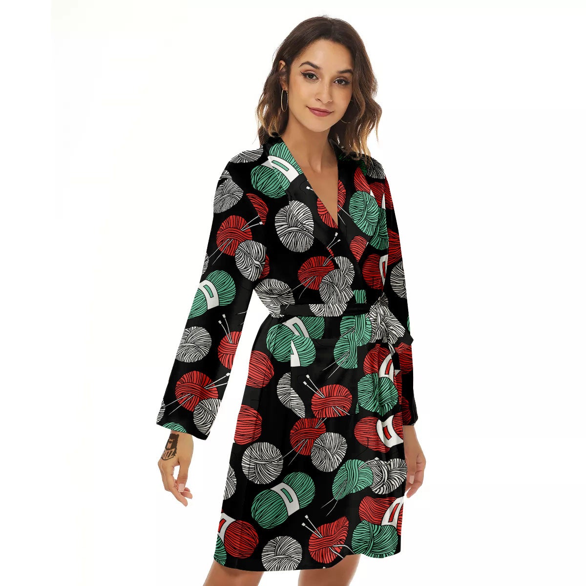 Yarn Knitting Print Pattern Women's Robe-grizzshop