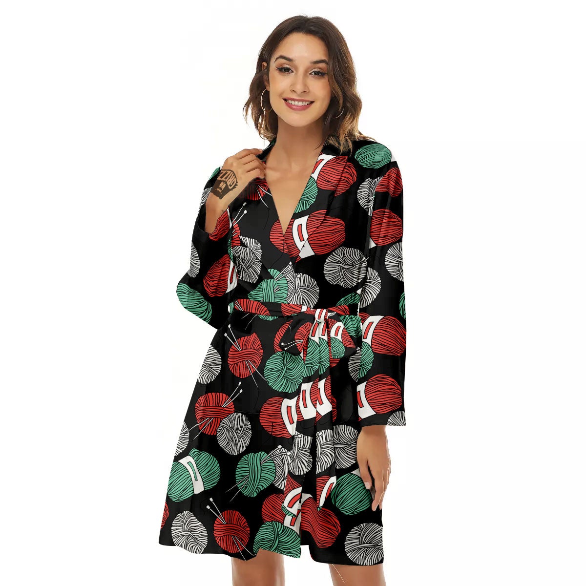Yarn Knitting Print Pattern Women's Robe-grizzshop