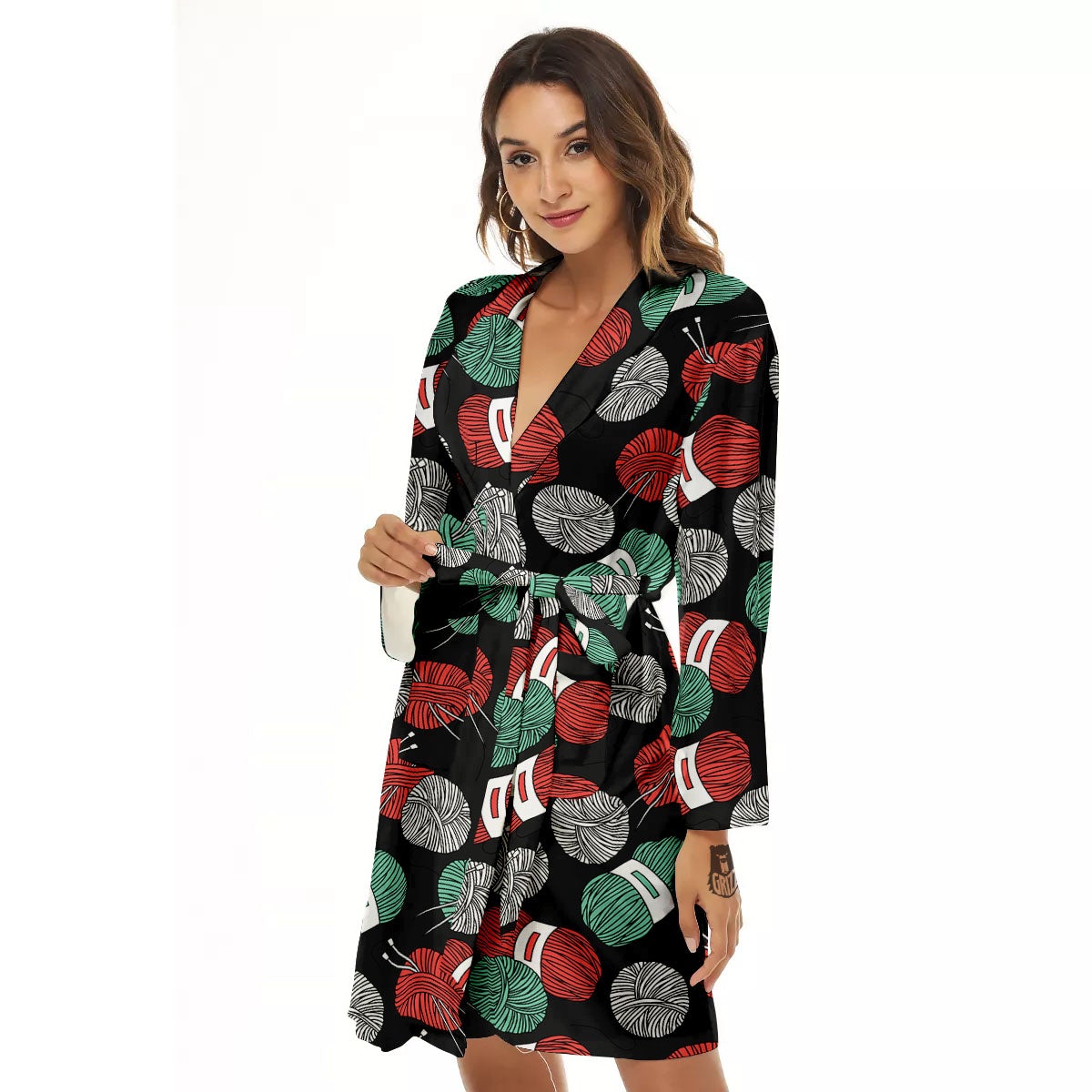 Yarn Knitting Print Pattern Women's Robe-grizzshop