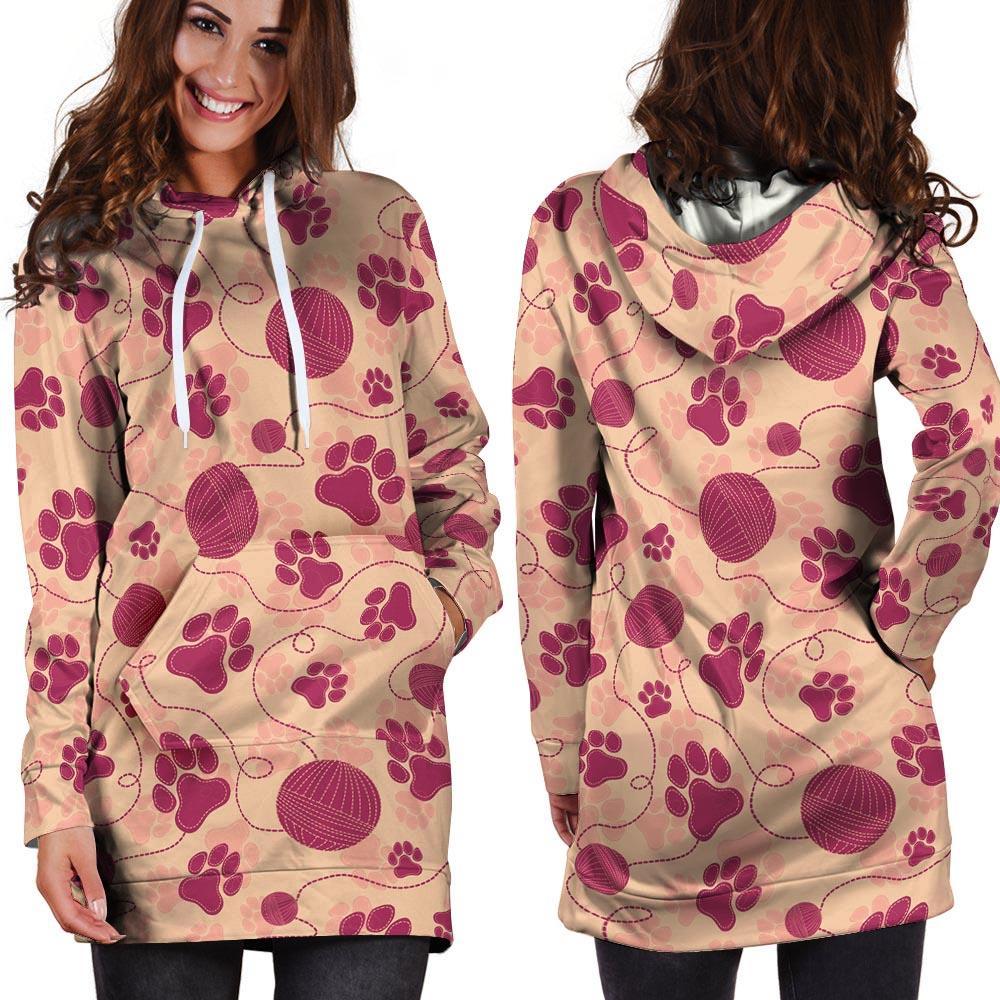 Yarn Paw Print Hoodie Dress-grizzshop