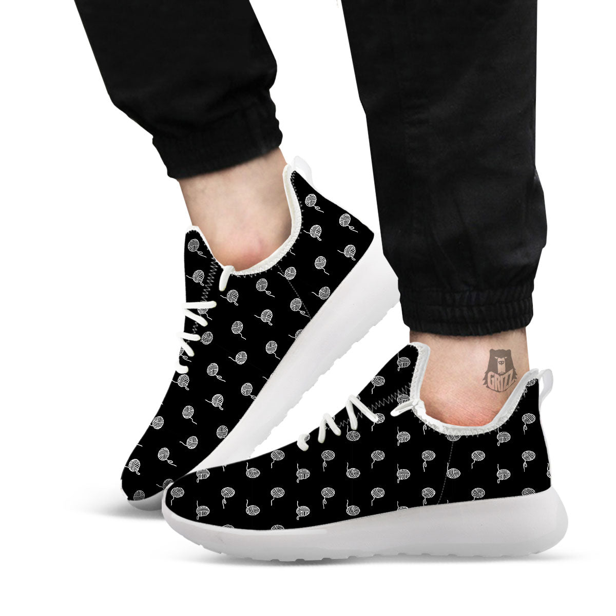 Yarn White And Black Print Pattern White Athletic Shoes-grizzshop