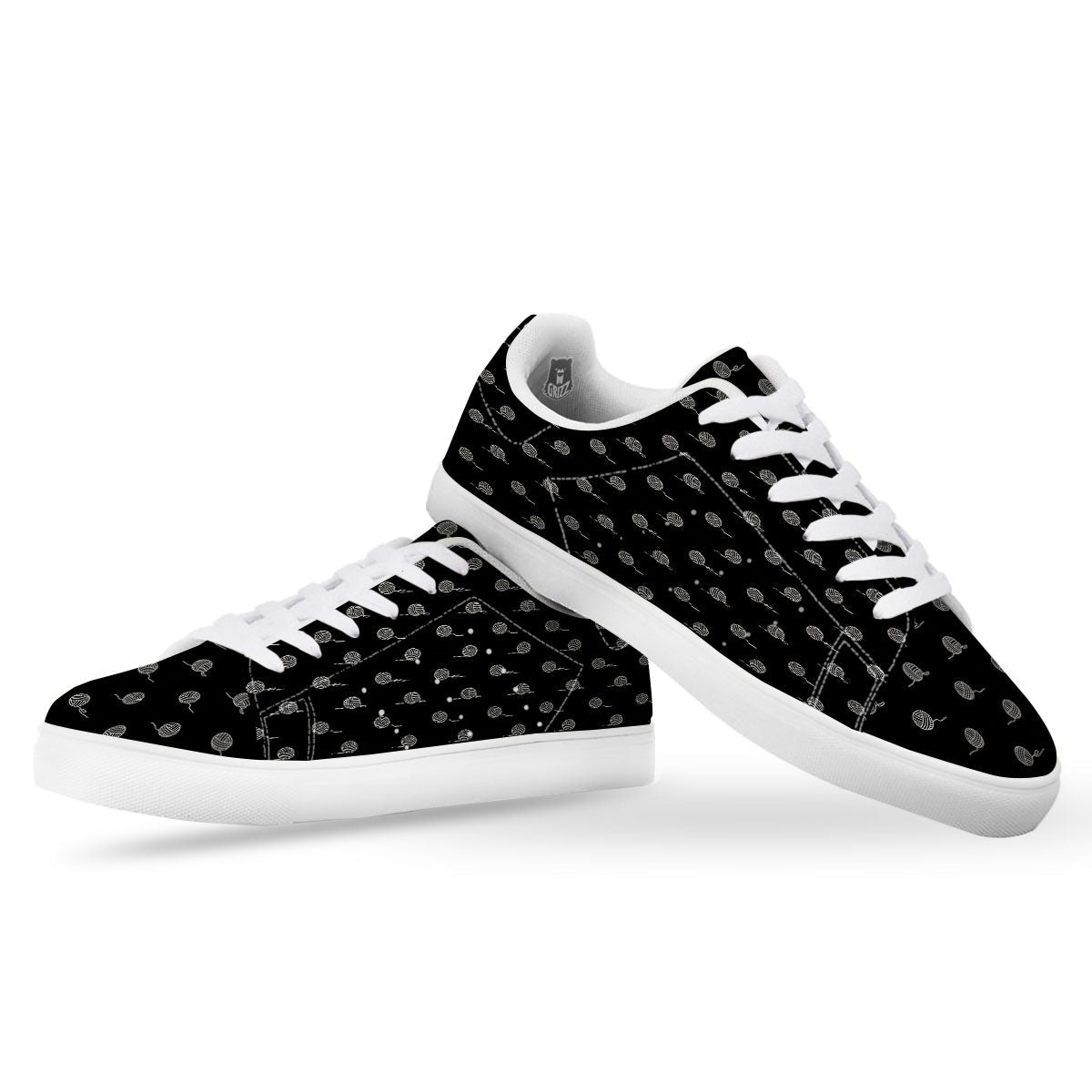 Yarn White And Black Print Pattern White Low Top Sneakers-grizzshop