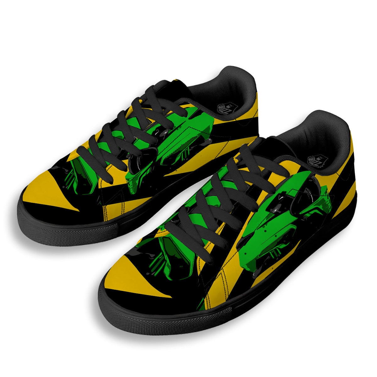 Yellow And Green Helmet Print Black Low Top Sneakers-grizzshop