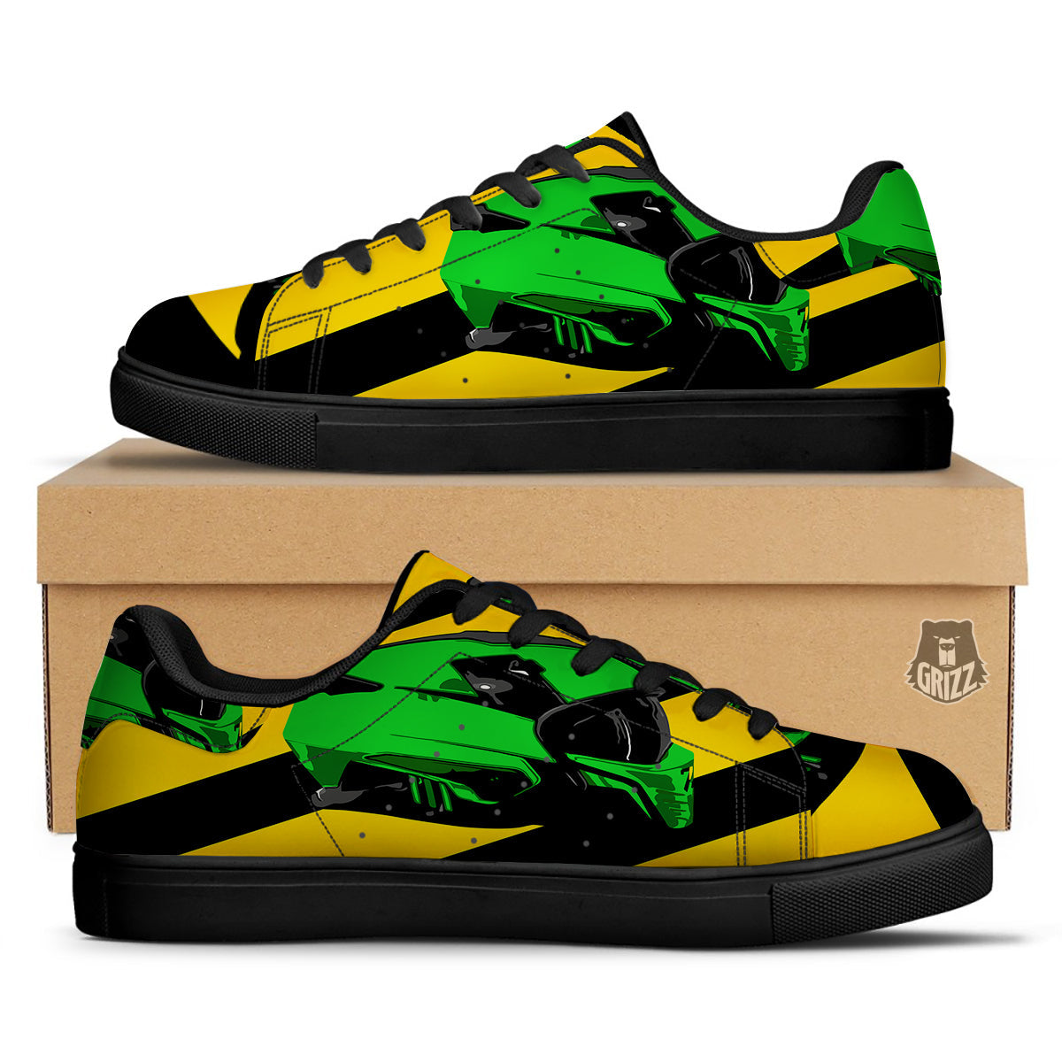 Yellow And Green Helmet Print Black Low Top Sneakers-grizzshop