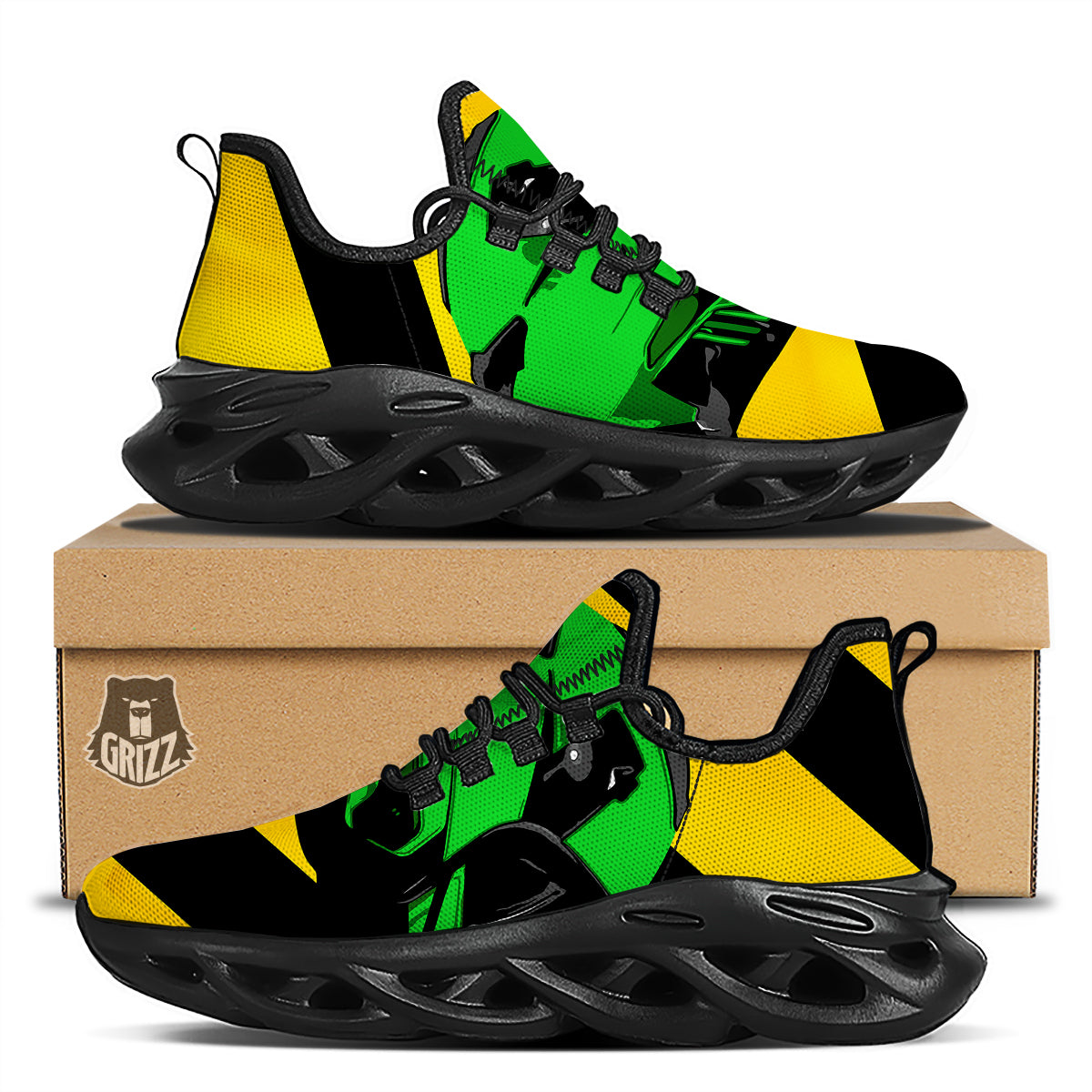 Yellow And Green Helmet Print Black Running Shoes-grizzshop