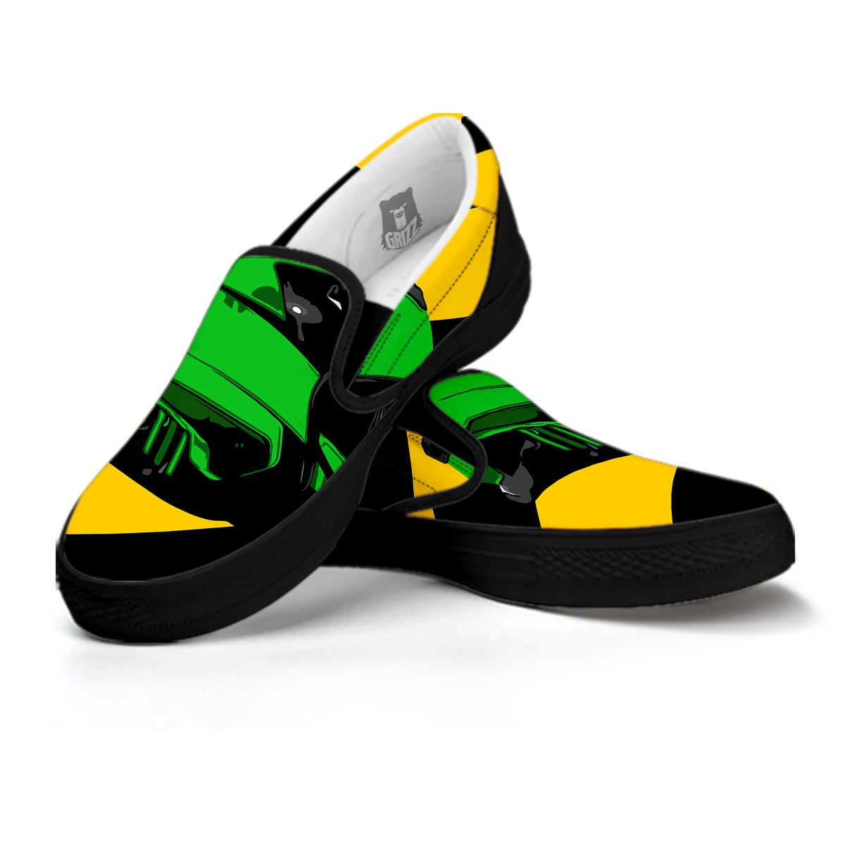 Yellow And Green Helmet Print Black Slip On Shoes-grizzshop