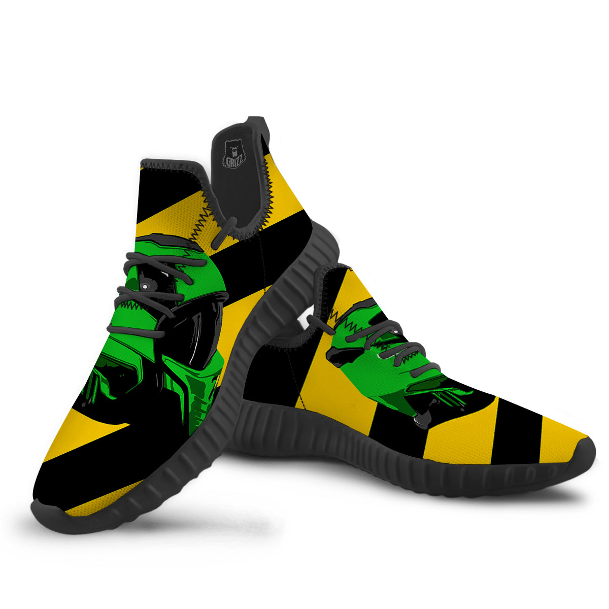 Yellow And Green Helmet Print Black Walking Shoes-grizzshop