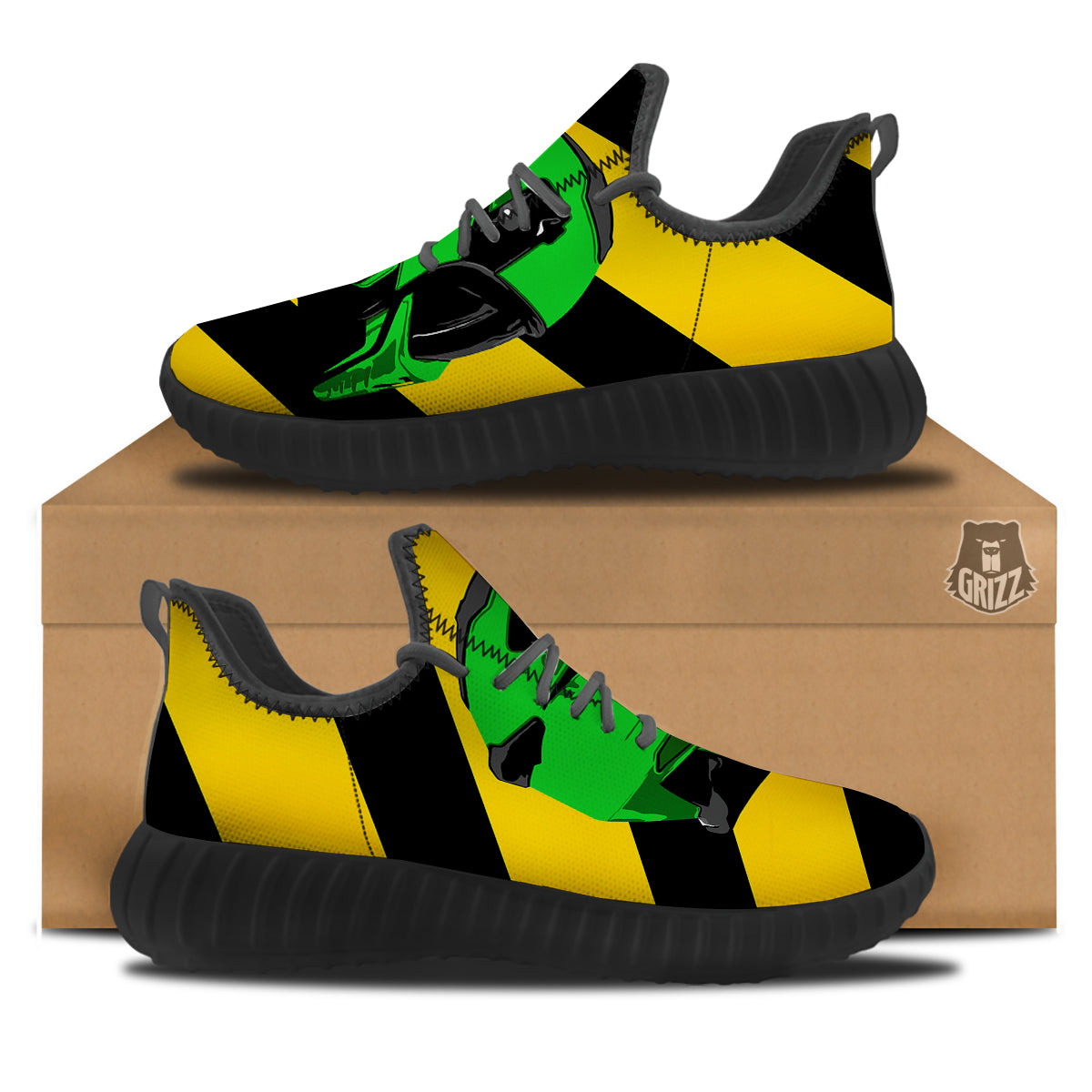 Yellow And Green Helmet Print Black Walking Shoes-grizzshop