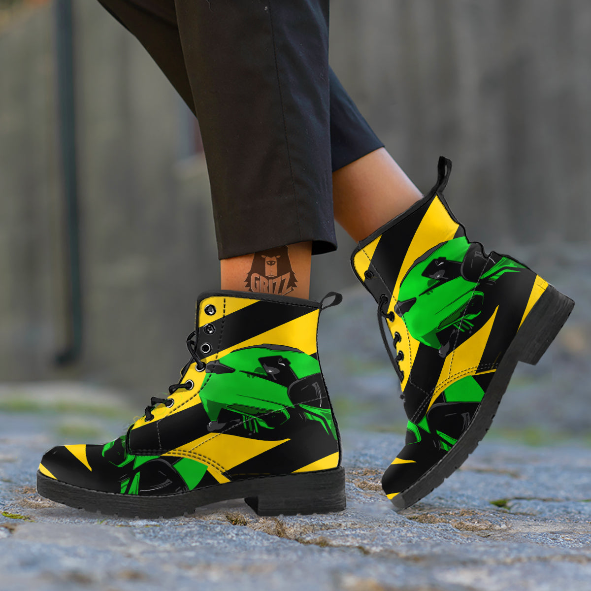 Yellow And Green Helmet Print Leather Boots-grizzshop