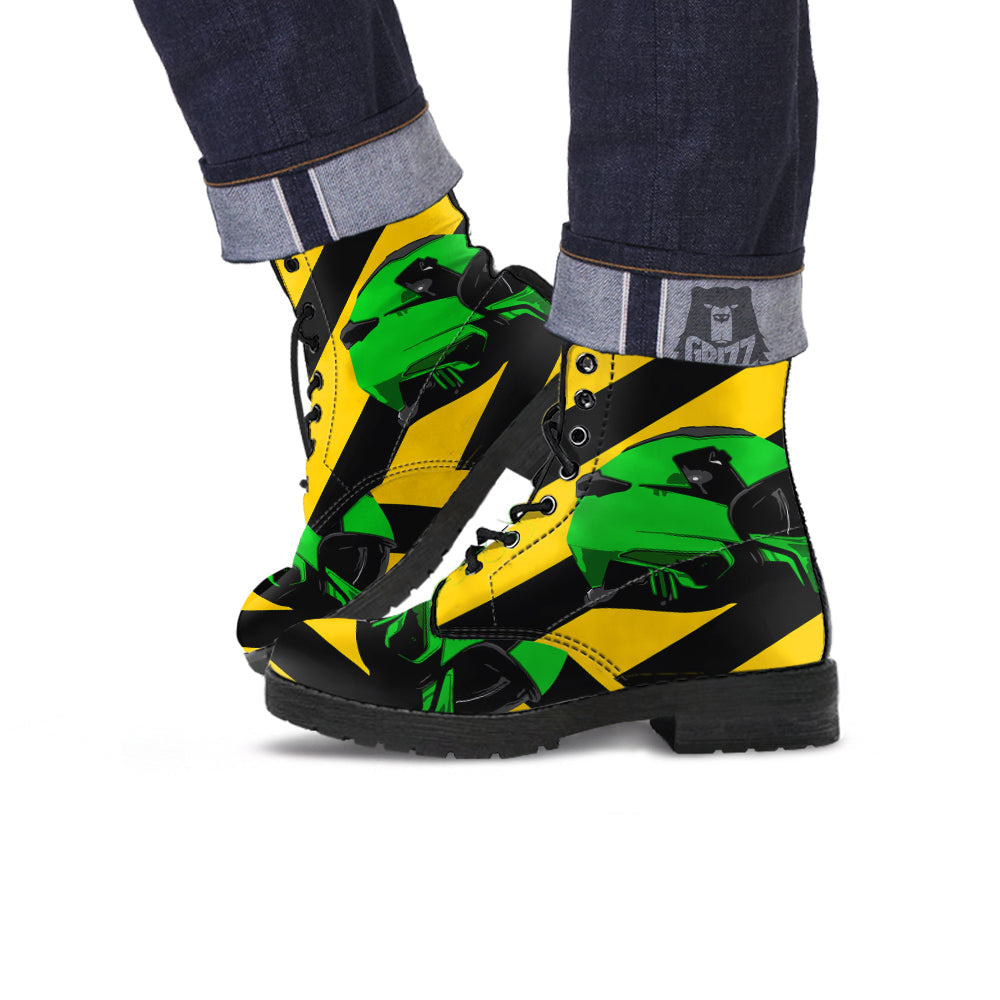 Yellow And Green Helmet Print Leather Boots-grizzshop
