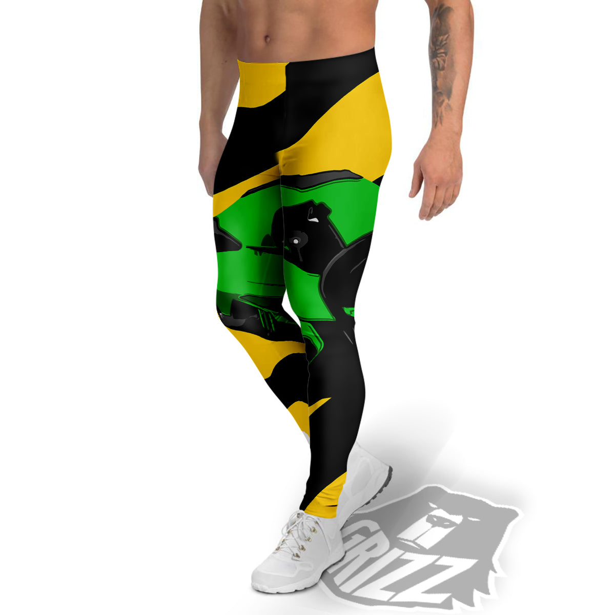 Yellow And Green Helmet Print Men's Leggings-grizzshop