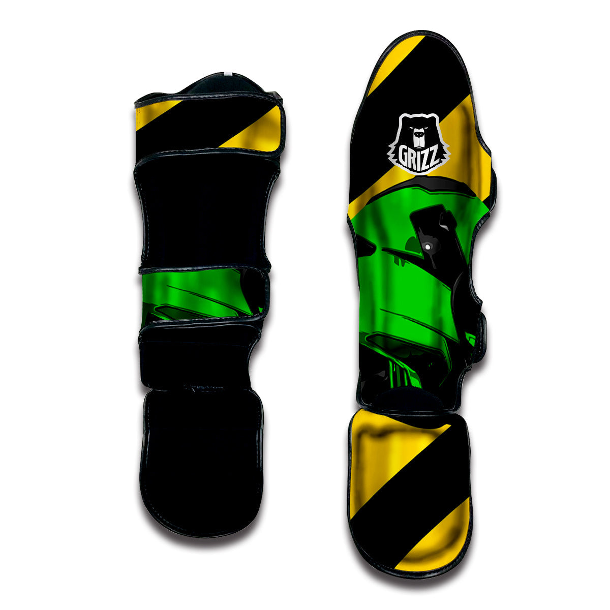 Yellow And Green Helmet Print Muay Thai Shin Guards-grizzshop