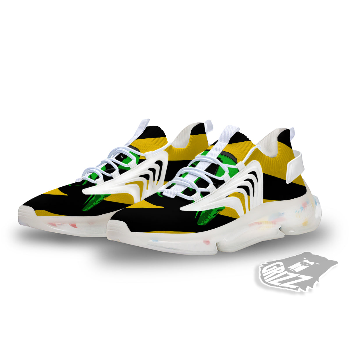 Yellow And Green Helmet Print White Gym Shoes-grizzshop