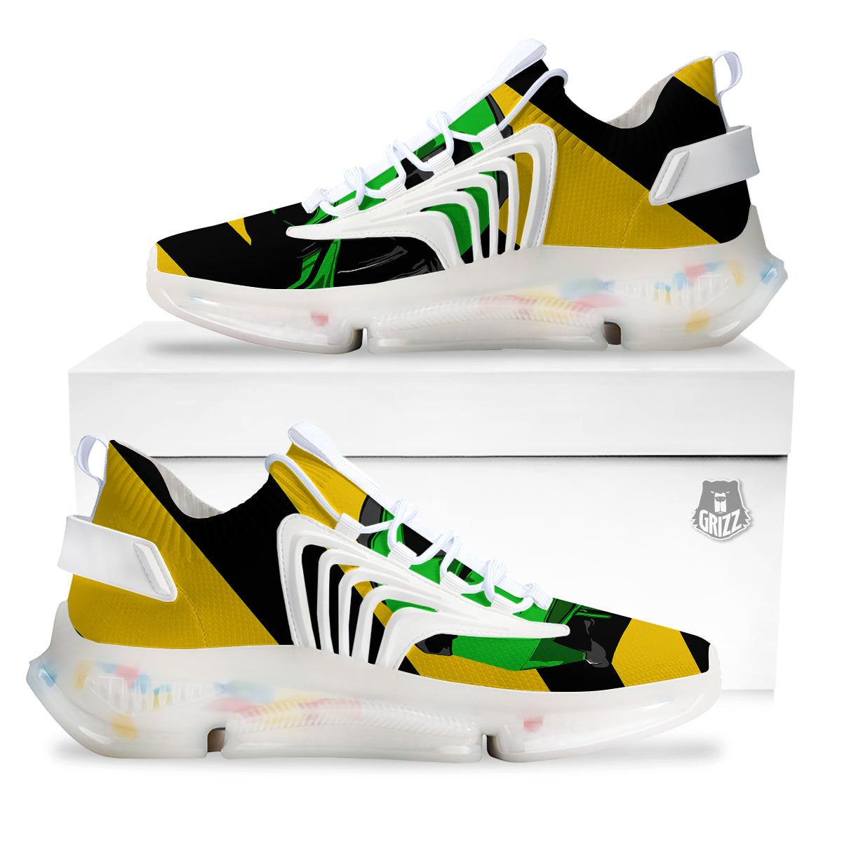 Yellow And Green Helmet Print White Gym Shoes-grizzshop