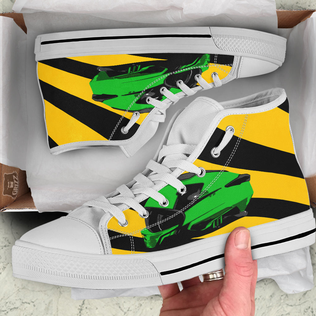 Yellow And Green Helmet Print White High Top Shoes-grizzshop