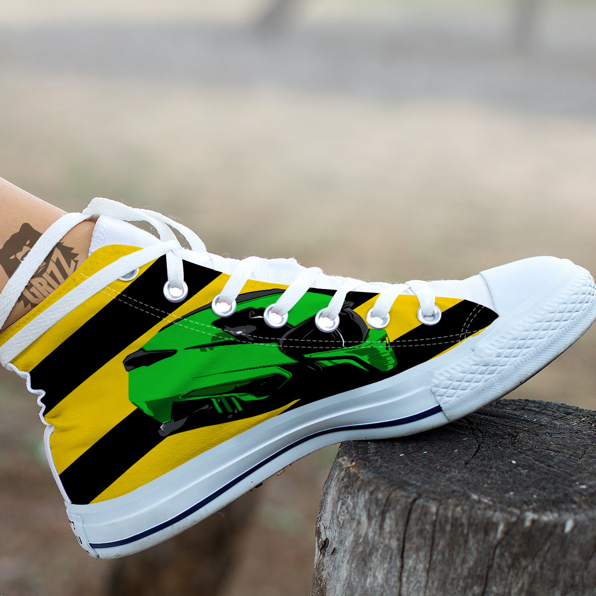 Yellow And Green Helmet Print White High Top Shoes-grizzshop