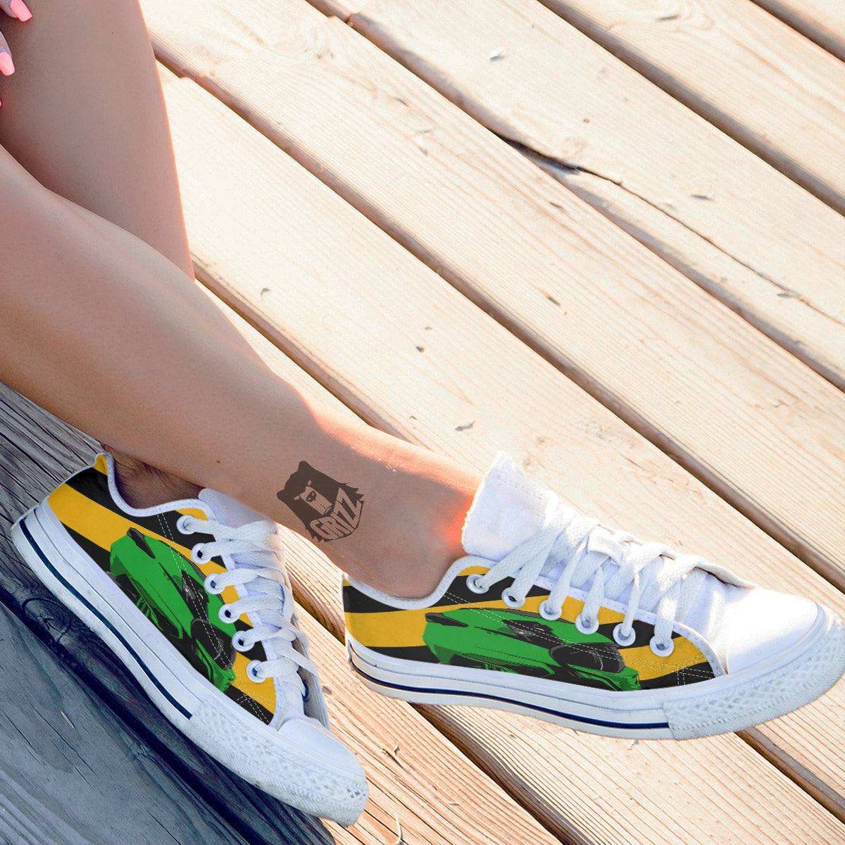 Yellow And Green Helmet Print White Low Top Shoes-grizzshop
